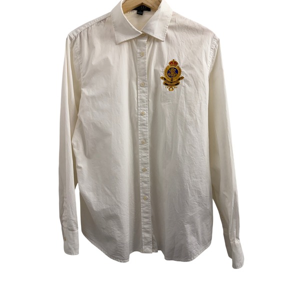 Lauren Ralph Lauren Womens XL White Crest Embroidered Button Down Shirt Blouse - Picture 2 of 6